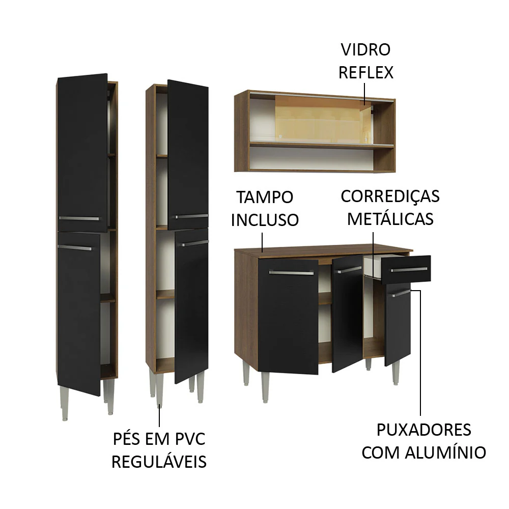 Armário de Cozinha Compacta 169cm Rustic/Preto Emilly Madesa 13 - Image 4