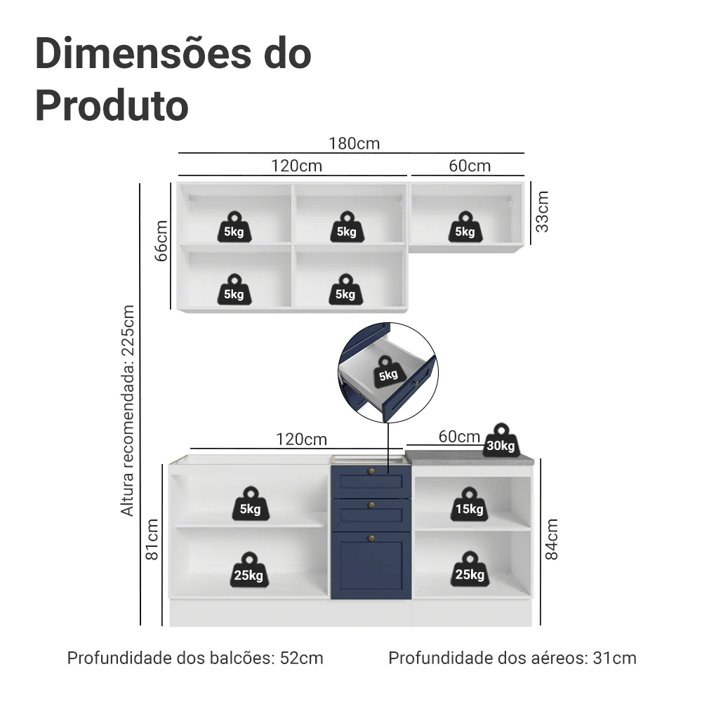 Armário de Cozinha Compacta 180 cm Branco/Azul Vik Madesa 01 - Image 3