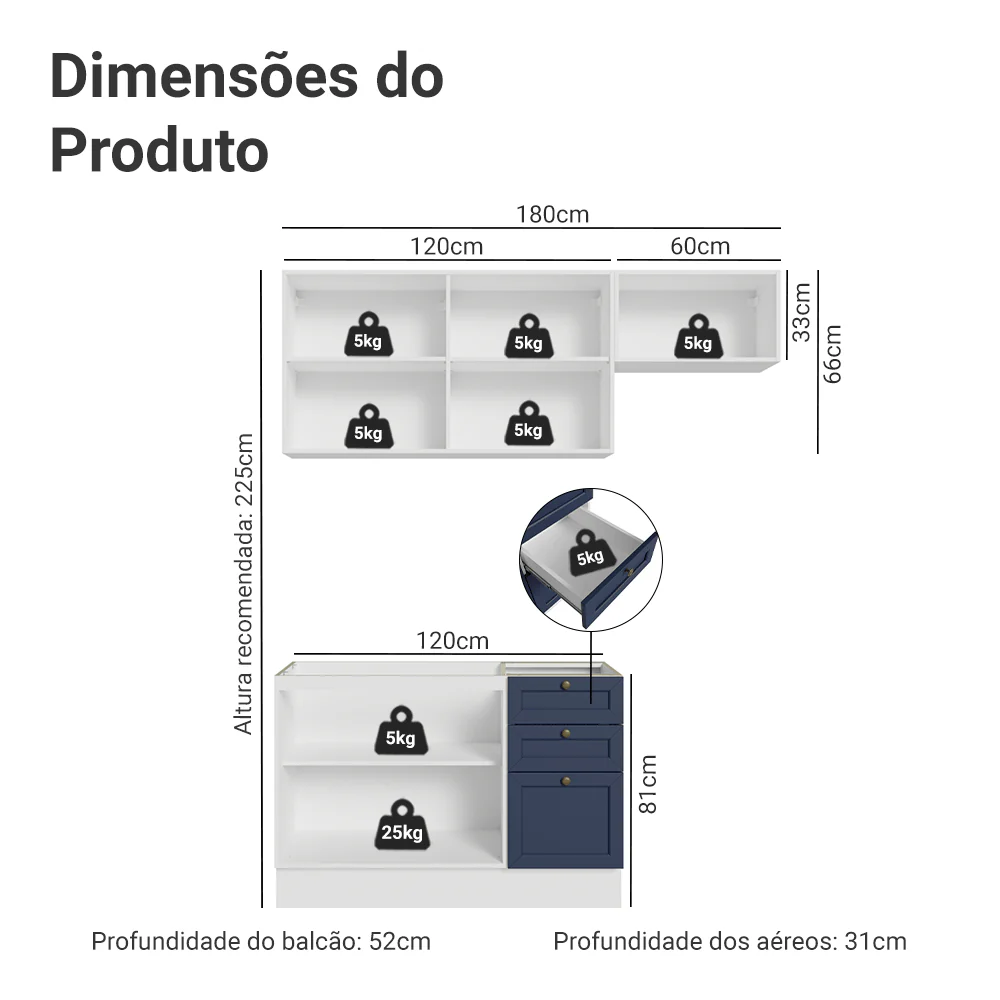 Armário de Cozinha Compacta 180 cm Branco/Azul Vik Madesa 02 - Image 3