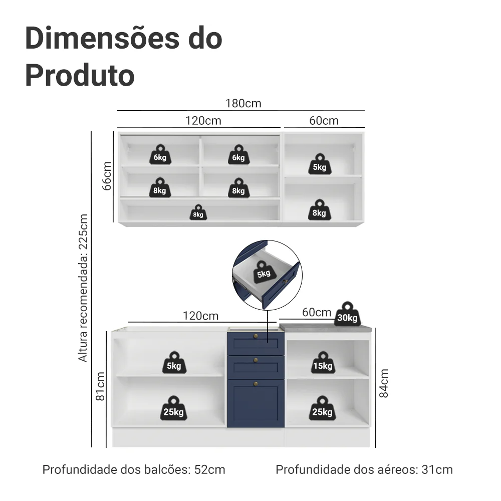 Armário de Cozinha Compacta 180 cm Branco/Azul Vik Madesa 04 - Image 3