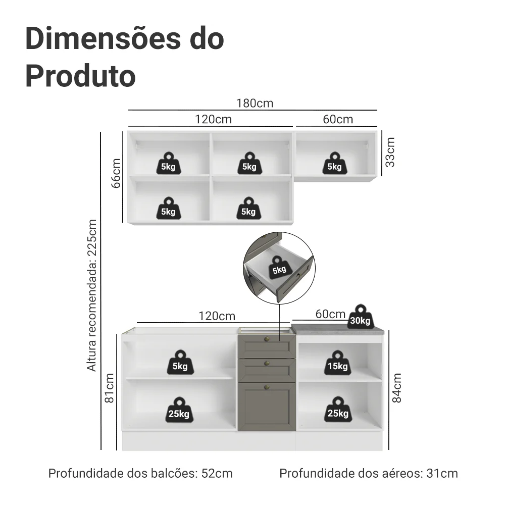 Armário de Cozinha Compacta 180 cm Branco/Cinza Vik Madesa 01 - Image 3
