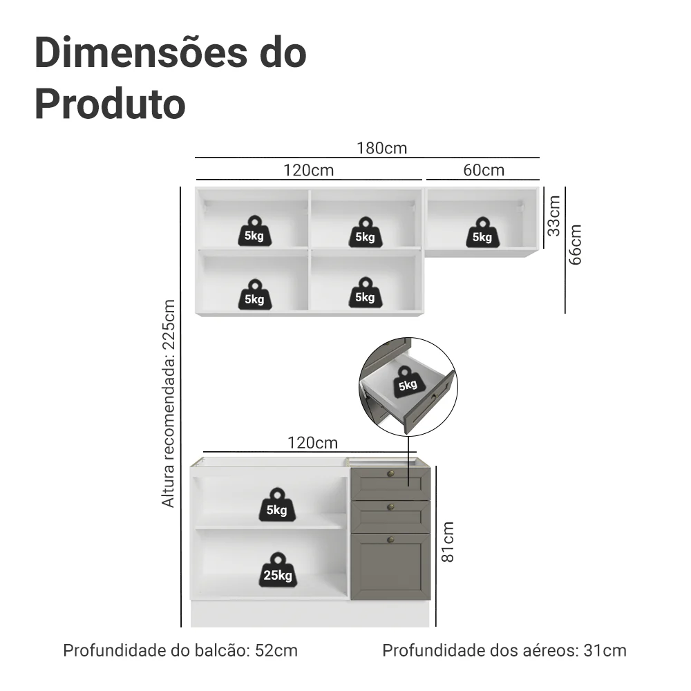 Armário de Cozinha Compacta 180 cm Branco/Cinza Vik Madesa 02 - Image 3