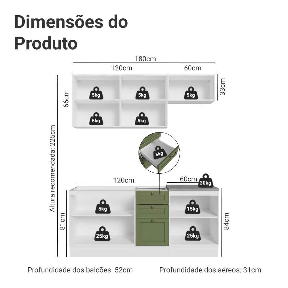 Armário de Cozinha Compacta 180 cm Branco/Verde Vik Madesa 01 - Image 3