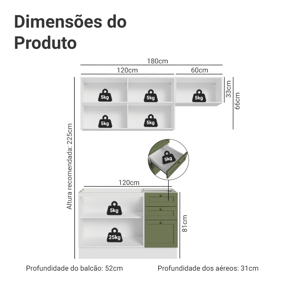 Armário de Cozinha Compacta 180 cm Branco/Verde Vik Madesa 02 - Image 3