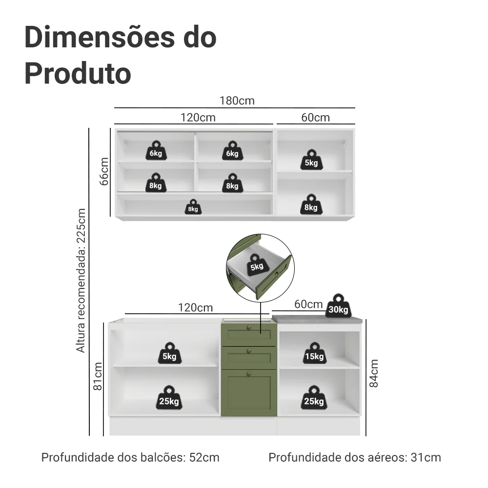 Armário de Cozinha Compacta 180 cm Branco/Verde Vik Madesa 03 - Image 3
