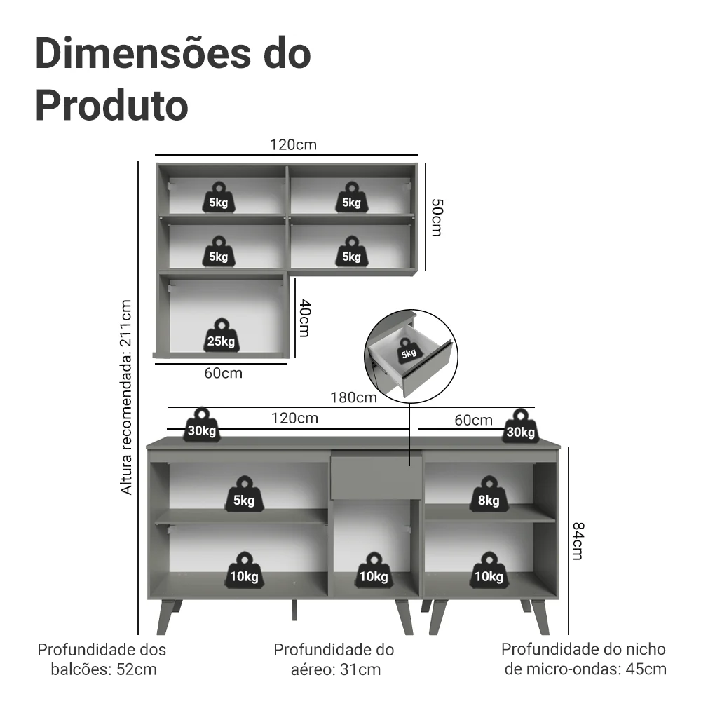 Armário de Cozinha Compacta 180 cm Cinza Nice Madesa 02 - Image 3