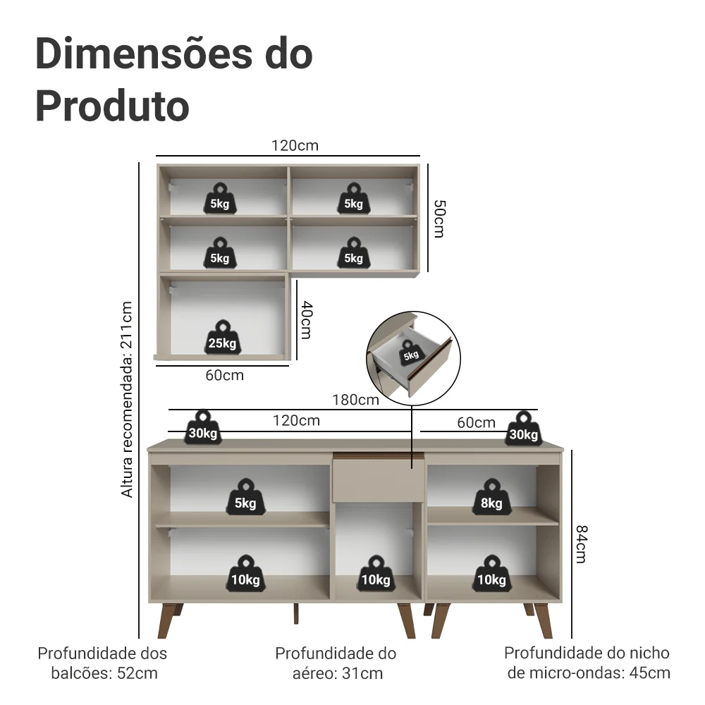 Armário de Cozinha Compacta 180 cm Crema Nice Madesa 02 - Image 3