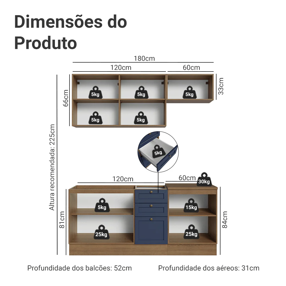 Armário de Cozinha Compacta 180 cm Rustic/Azul Vik Madesa 01 - Image 3