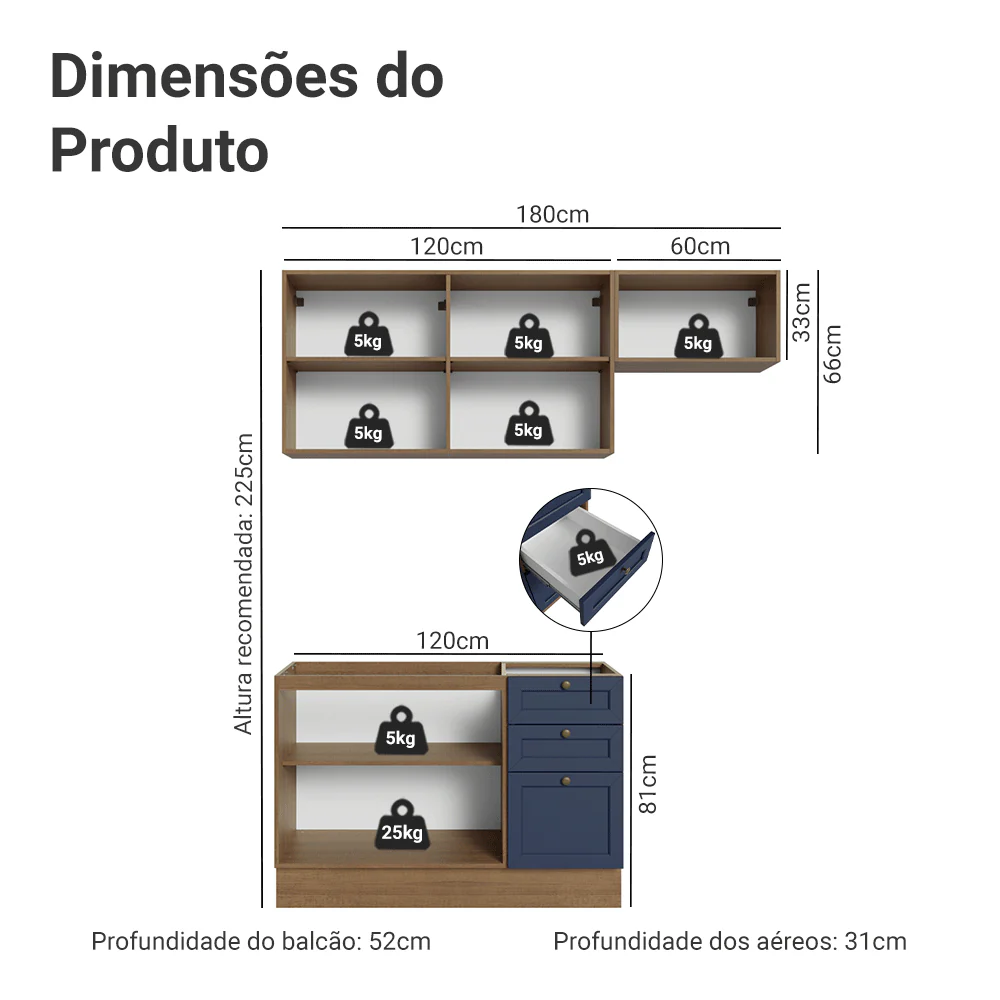 Armário de Cozinha Compacta 180 cm Rustic/Azul Vik Madesa 02 - Image 3