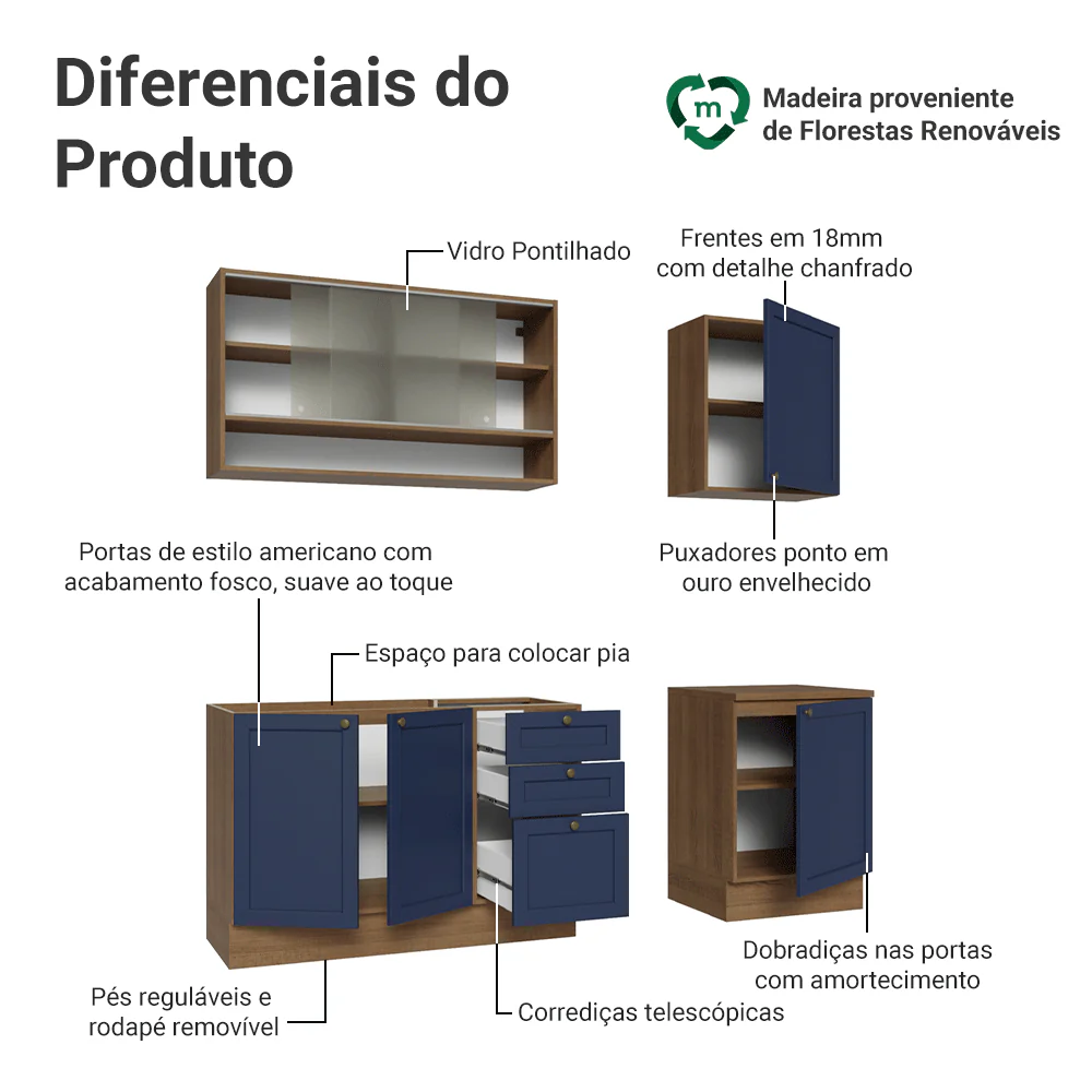 Armário de Cozinha Compacta 180 cm Rustic/Azul Vik Madesa 03 - Image 4