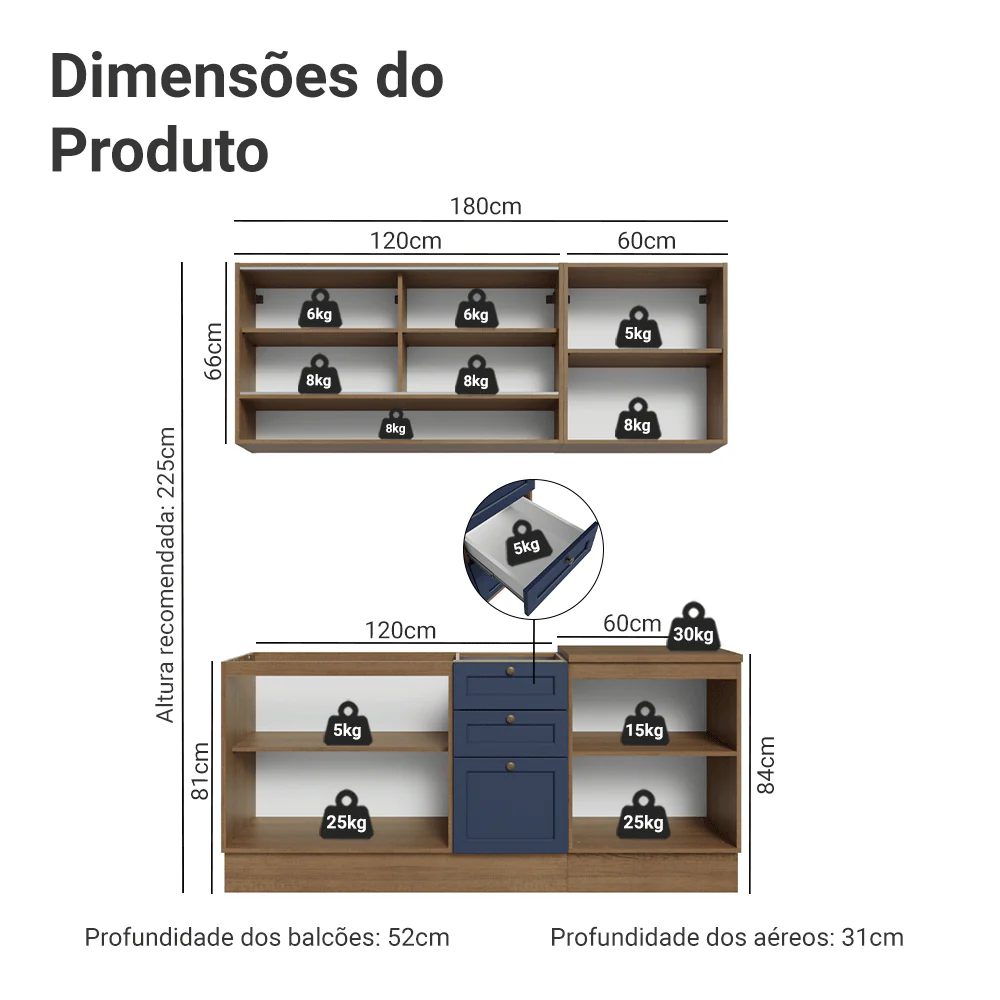 Armário de Cozinha Compacta 180 cm Rustic/Azul Vik Madesa 04 - Image 3