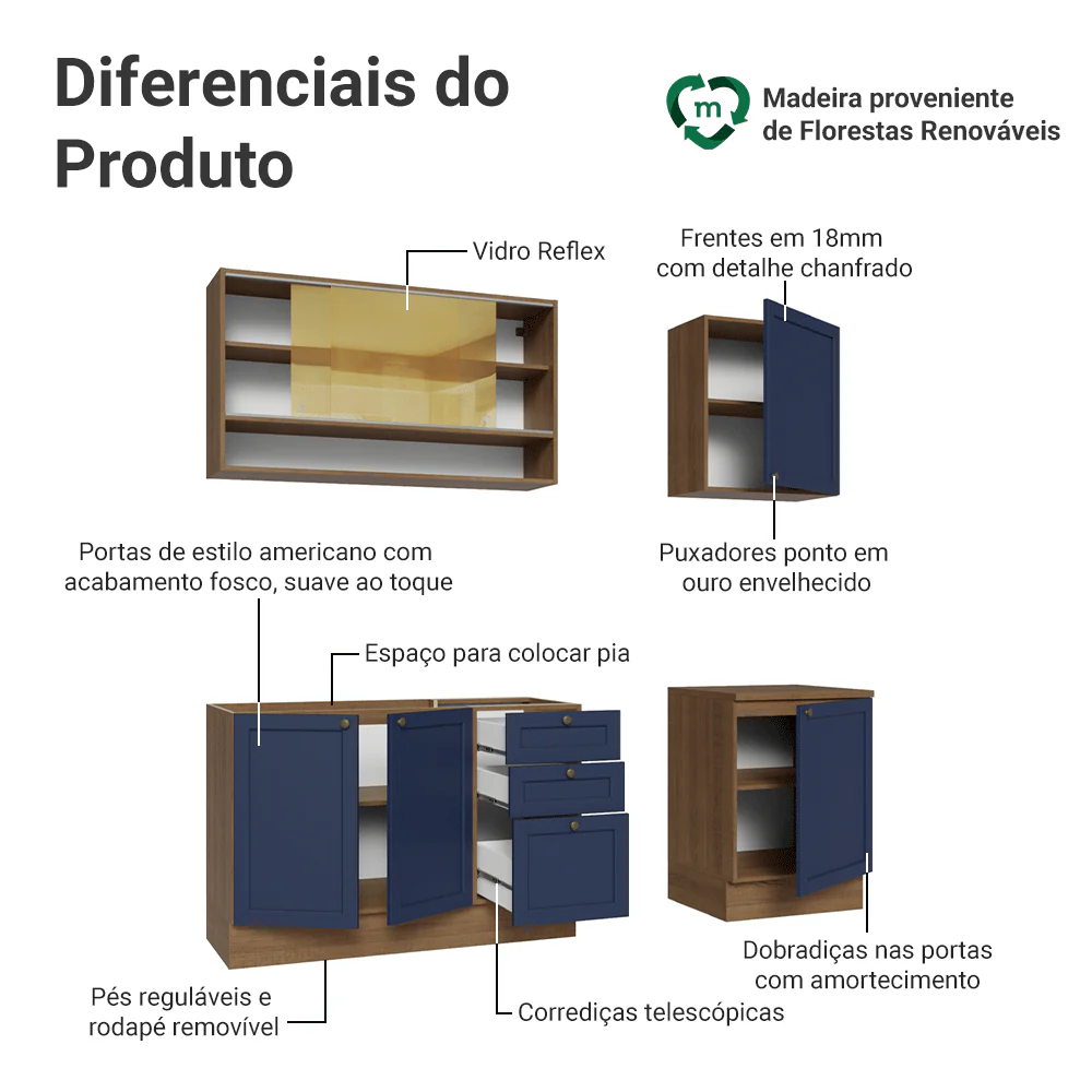 Armário de Cozinha Compacta 180 cm Rustic/Azul Vik Madesa 04 - Image 4