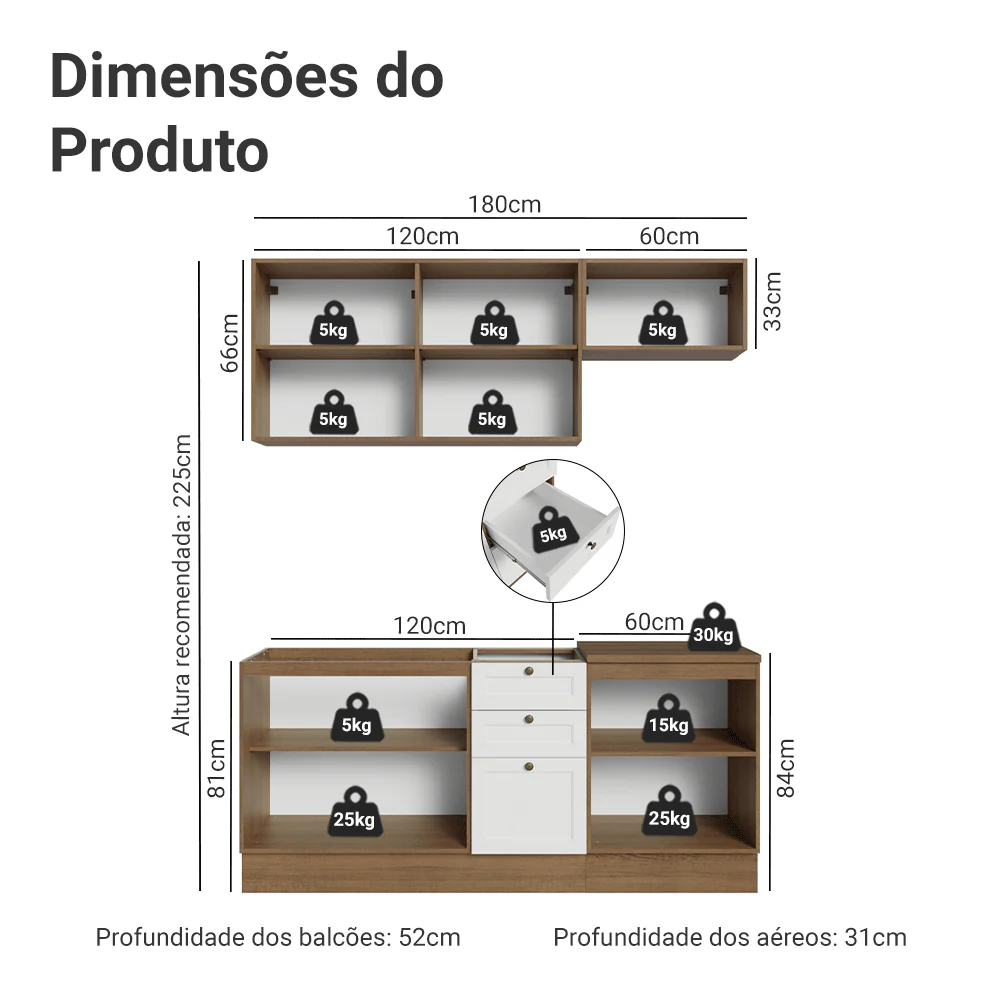 Armário de Cozinha Compacta 180 cm Rustic/Branco Vik Madesa 01 - Image 3
