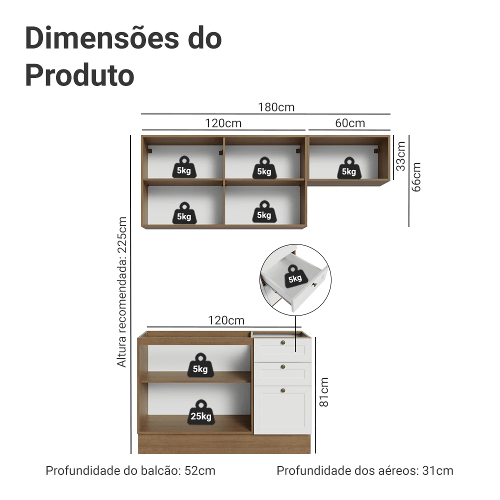 Armário de Cozinha Compacta 180 cm Rustic/Branco Vik Madesa 02 - Image 3