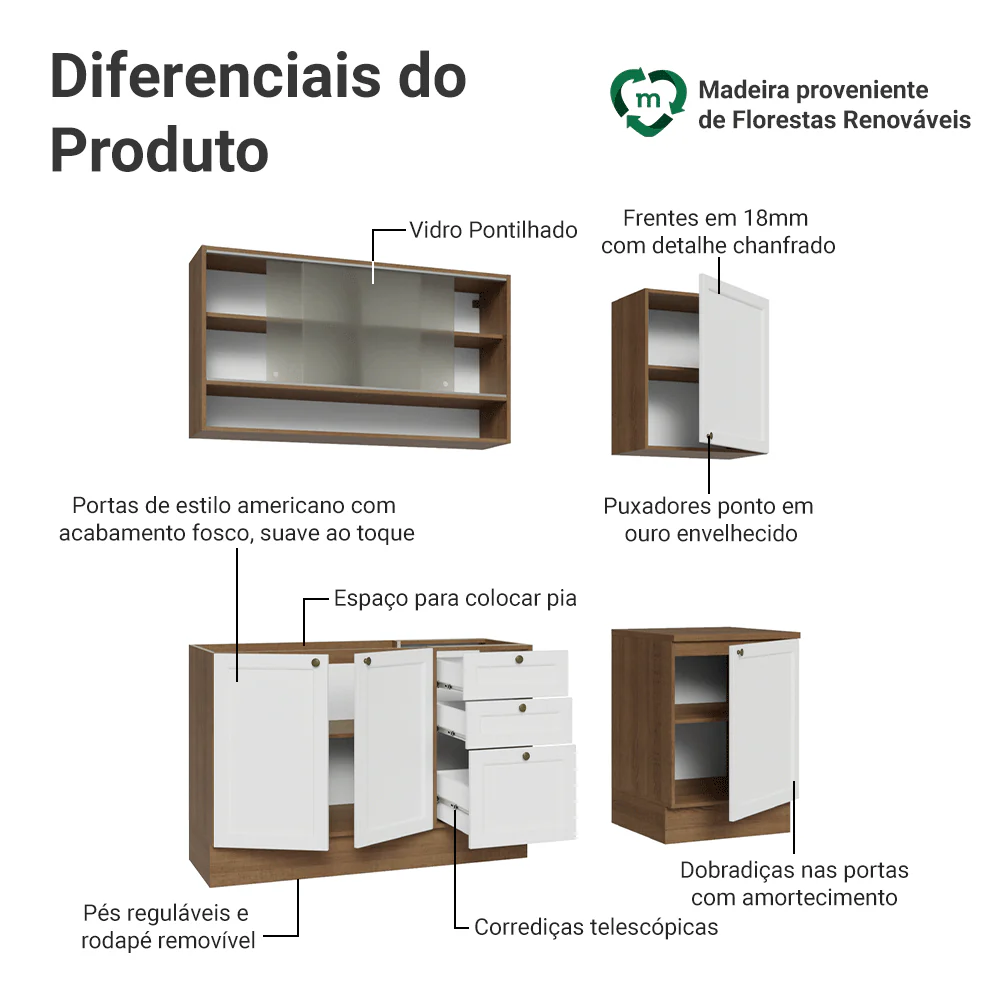 Armário de Cozinha Compacta 180 cm Rustic/Branco Vik Madesa 03 - Image 4