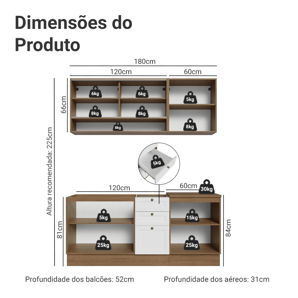 Armário de Cozinha Compacta 180 cm Rustic/Branco Vik Madesa 04 - Image 3
