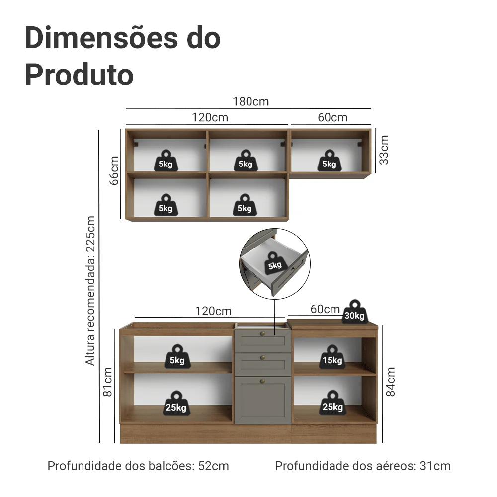 Armário de Cozinha Compacta 180 cm Rustic/Cinza Vik Madesa 01 - Image 3