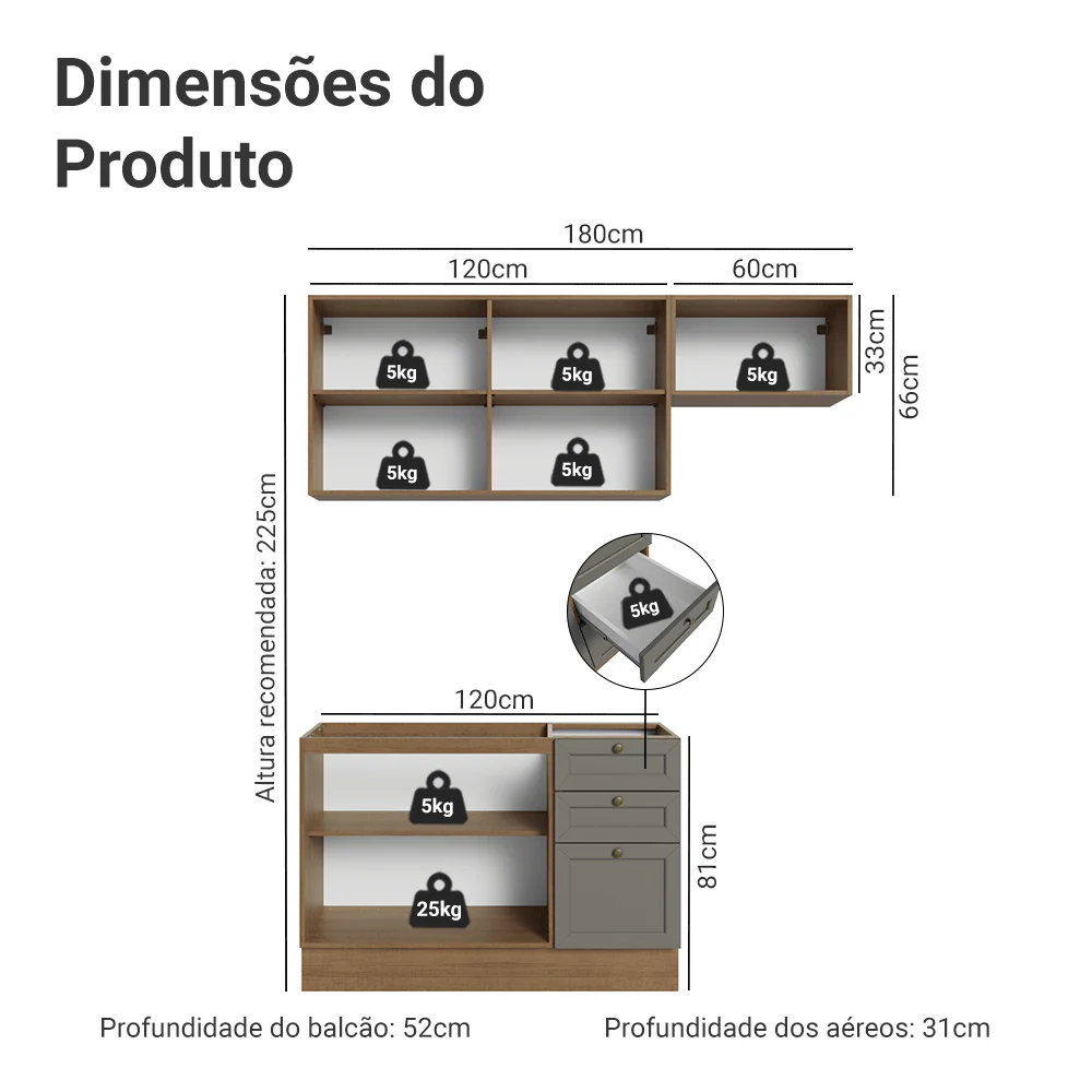 Armário de Cozinha Compacta 180 cm Rustic/Cinza Vik Madesa 02 - Image 3