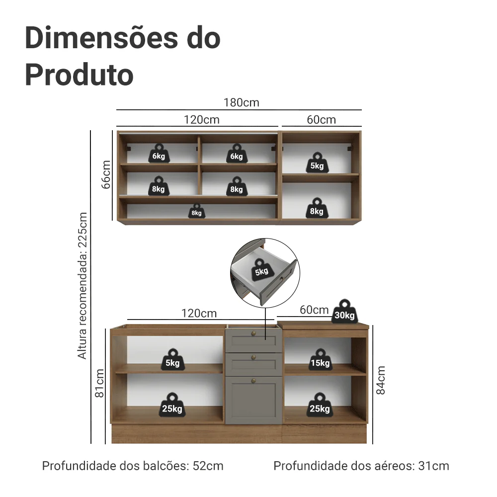 Armário de Cozinha Compacta 180 cm Rustic/Cinza Vik Madesa 03 - Image 3