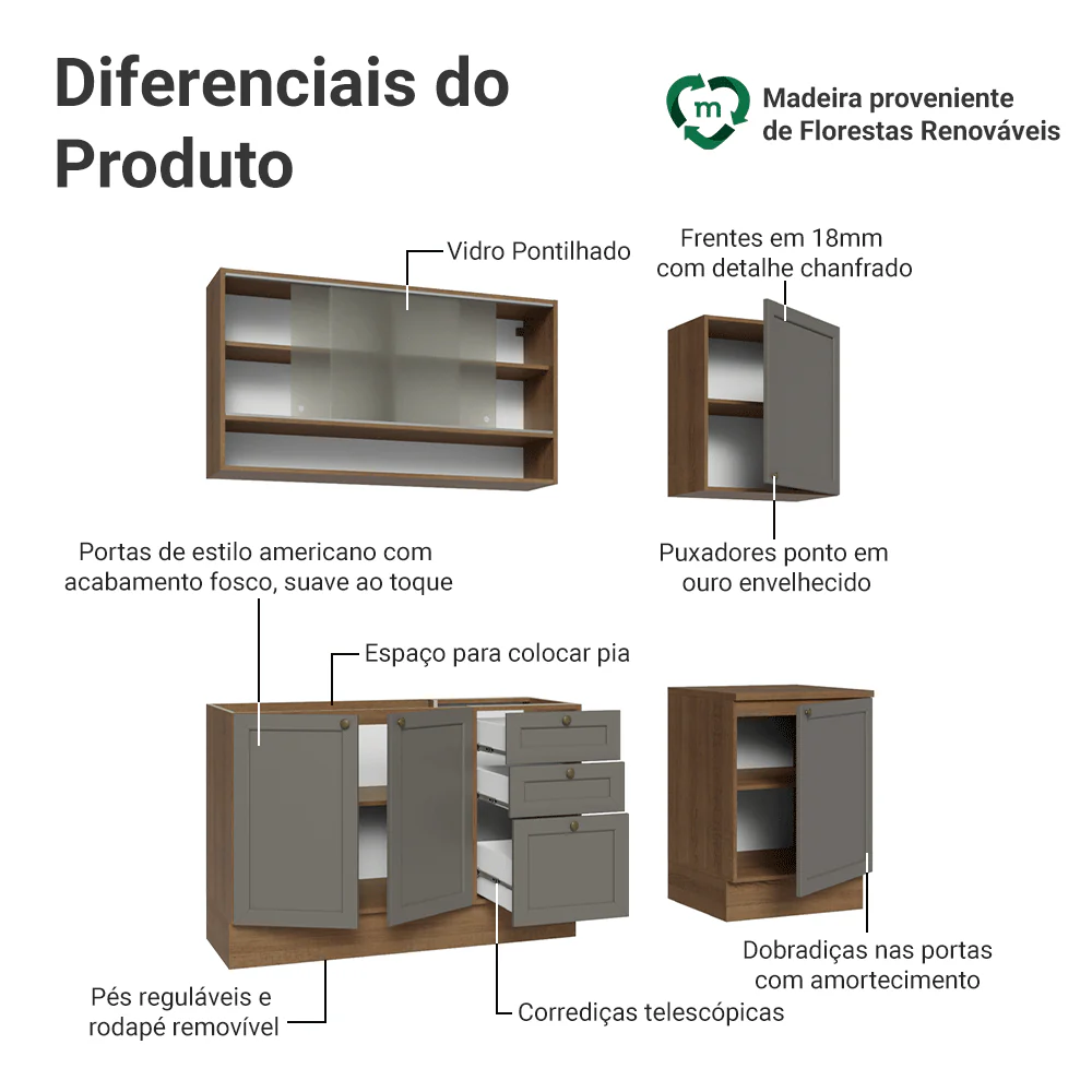 Armário de Cozinha Compacta 180 cm Rustic/Cinza Vik Madesa 03 - Image 4