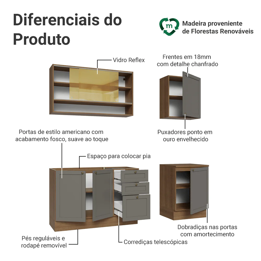 Armário de Cozinha Compacta 180 cm Rustic/Cinza Vik Madesa 04 - Image 4