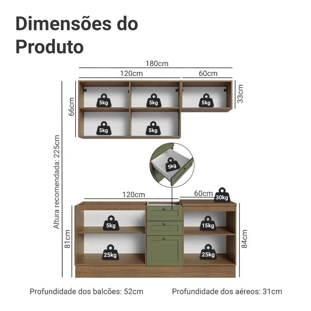 Armário de Cozinha Compacta 180 cm Rustic/Verde Vik Madesa 01 - Image 3