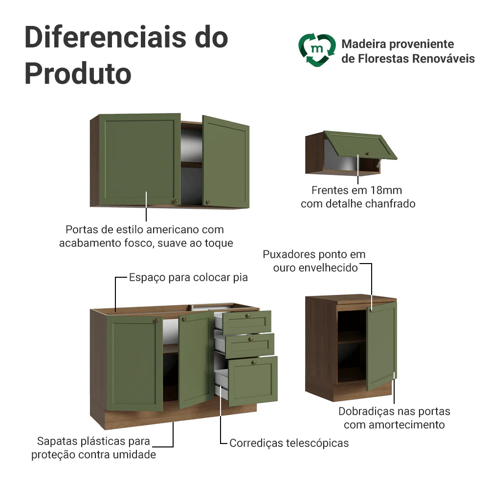 Armário de Cozinha Compacta 180 cm Rustic/Verde Vik Madesa 01 - Image 4
