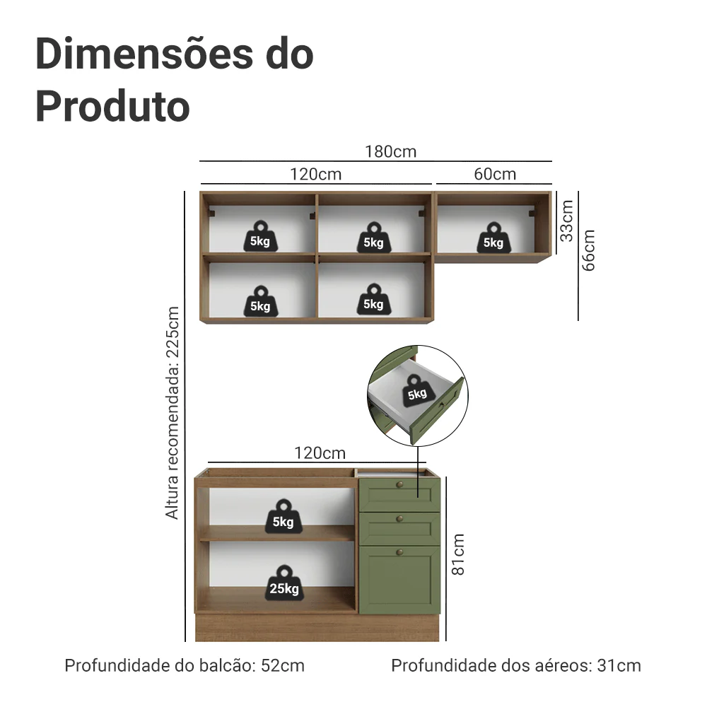 Armário de Cozinha Compacta 180 cm Rustic/Verde Vik Madesa 02 - Image 3