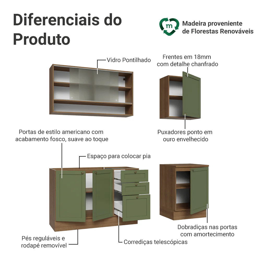Armário de Cozinha Compacta 180 cm Rustic/Verde Vik Madesa 03 - Image 4