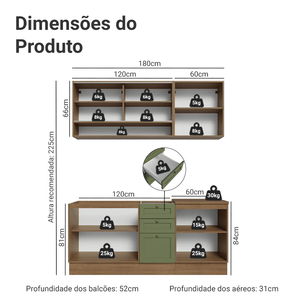 Armário de Cozinha Compacta 180 cm Rustic/Verde Vik Madesa 04 - Image 3