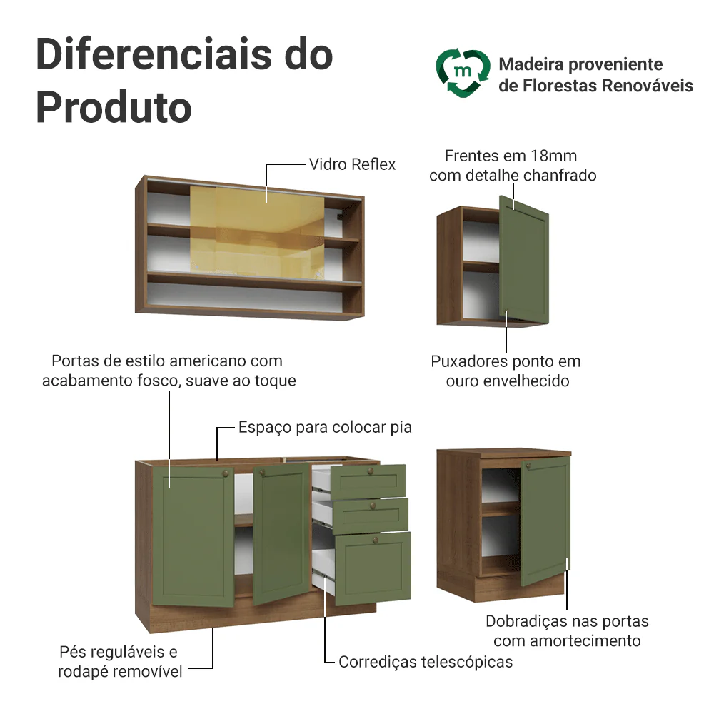 Armário de Cozinha Compacta 180 cm Rustic/Verde Vik Madesa 04 - Image 4