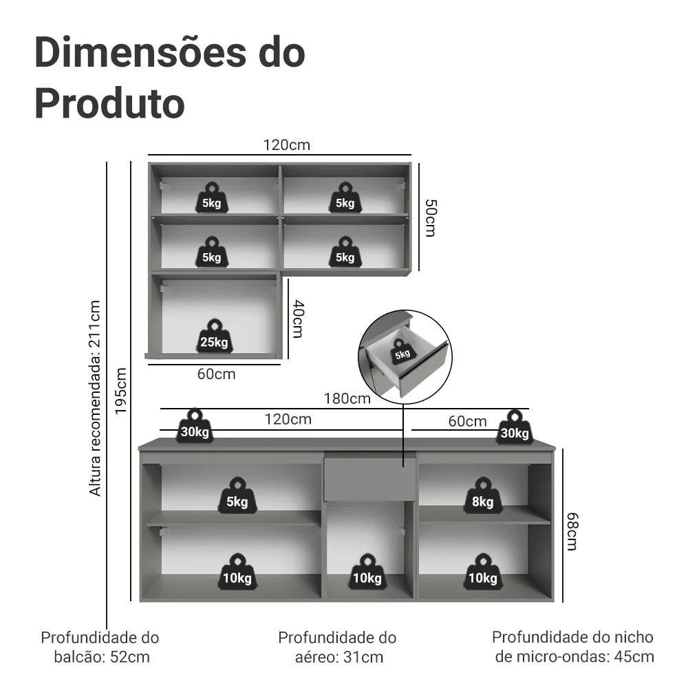 Armário de Cozinha Compacta 180 cm Suspensa Cinza Nice Madesa 03 - Image 3