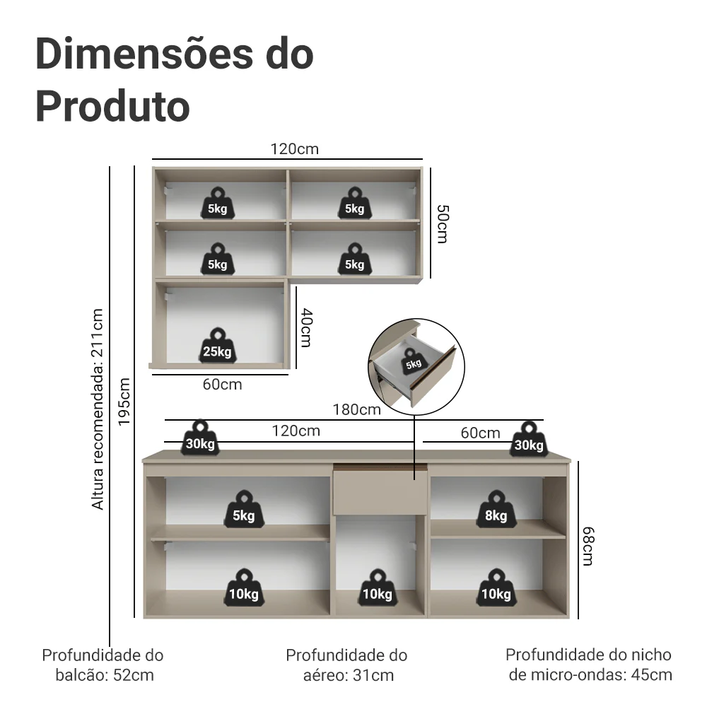 Armário de Cozinha Compacta 180 cm Suspensa Crema Nice Madesa 03 - Image 3