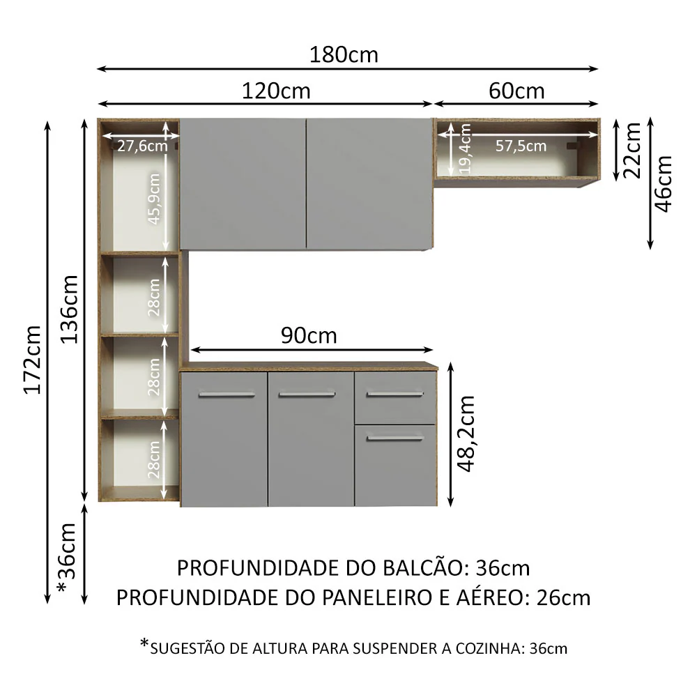Armário de Cozinha Compacta 180cm Rustic/Cinza Easy Madesa - Image 3