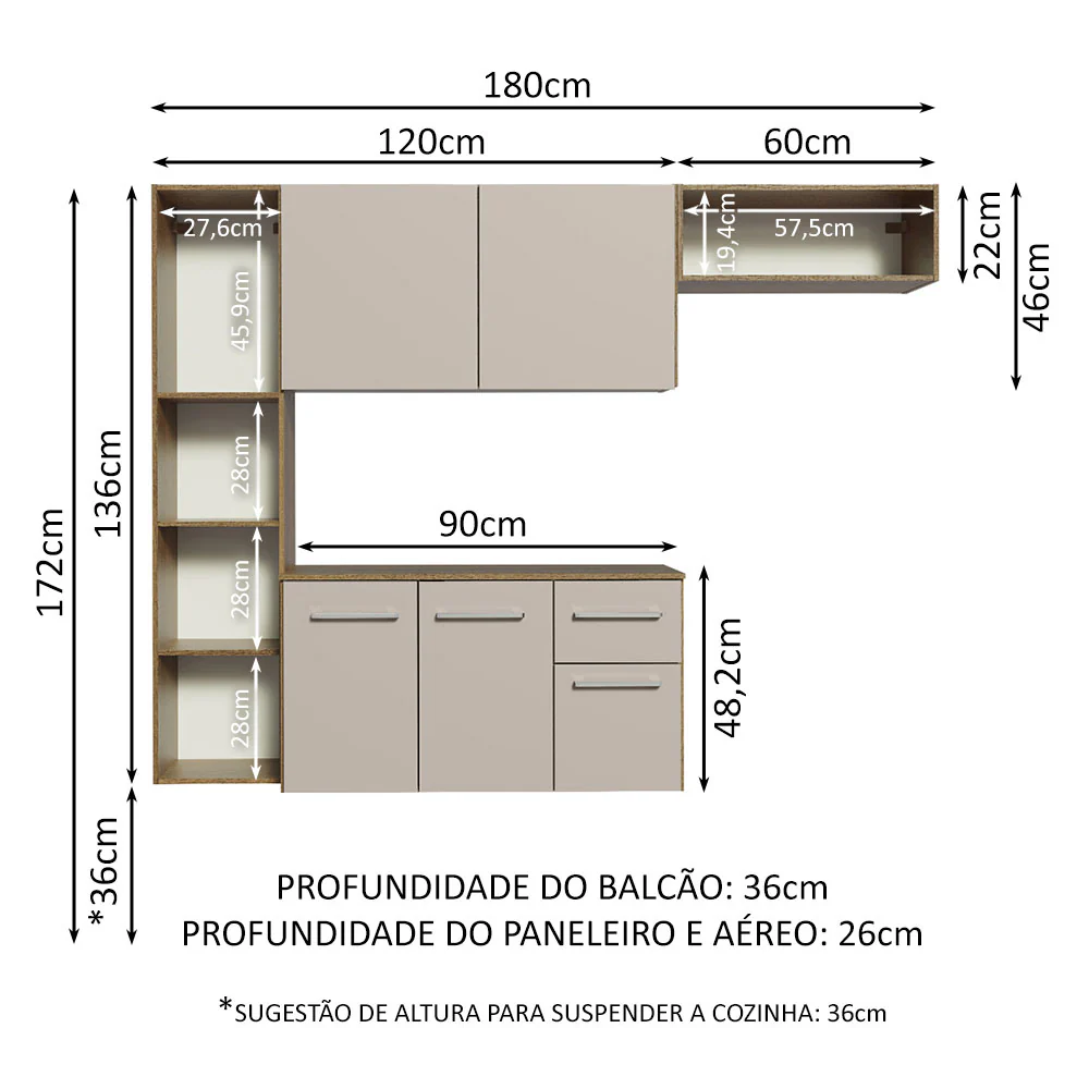 Armário de Cozinha Compacta 180cm Rustic/Crema Easy Madesa - Image 3