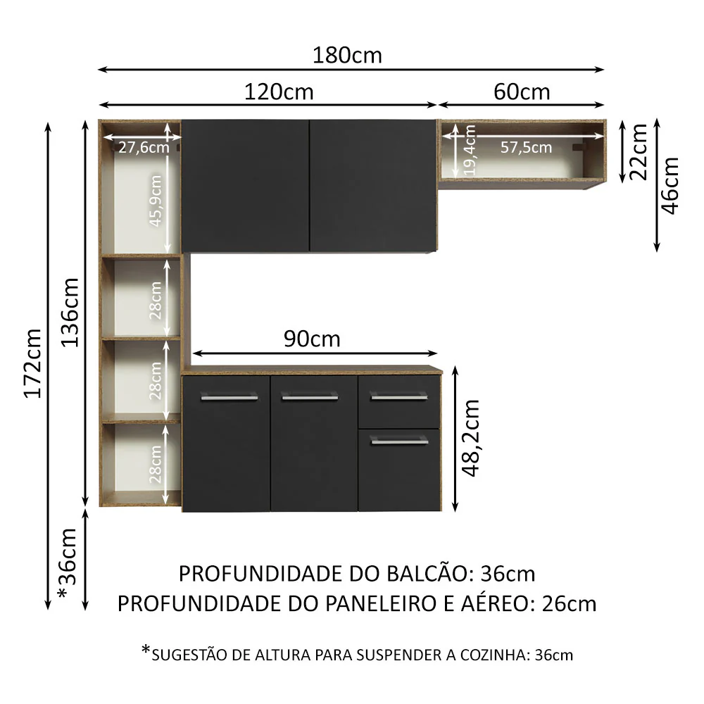 Armário de Cozinha Compacta 180cm Rustic/Preto Easy Madesa - Image 3