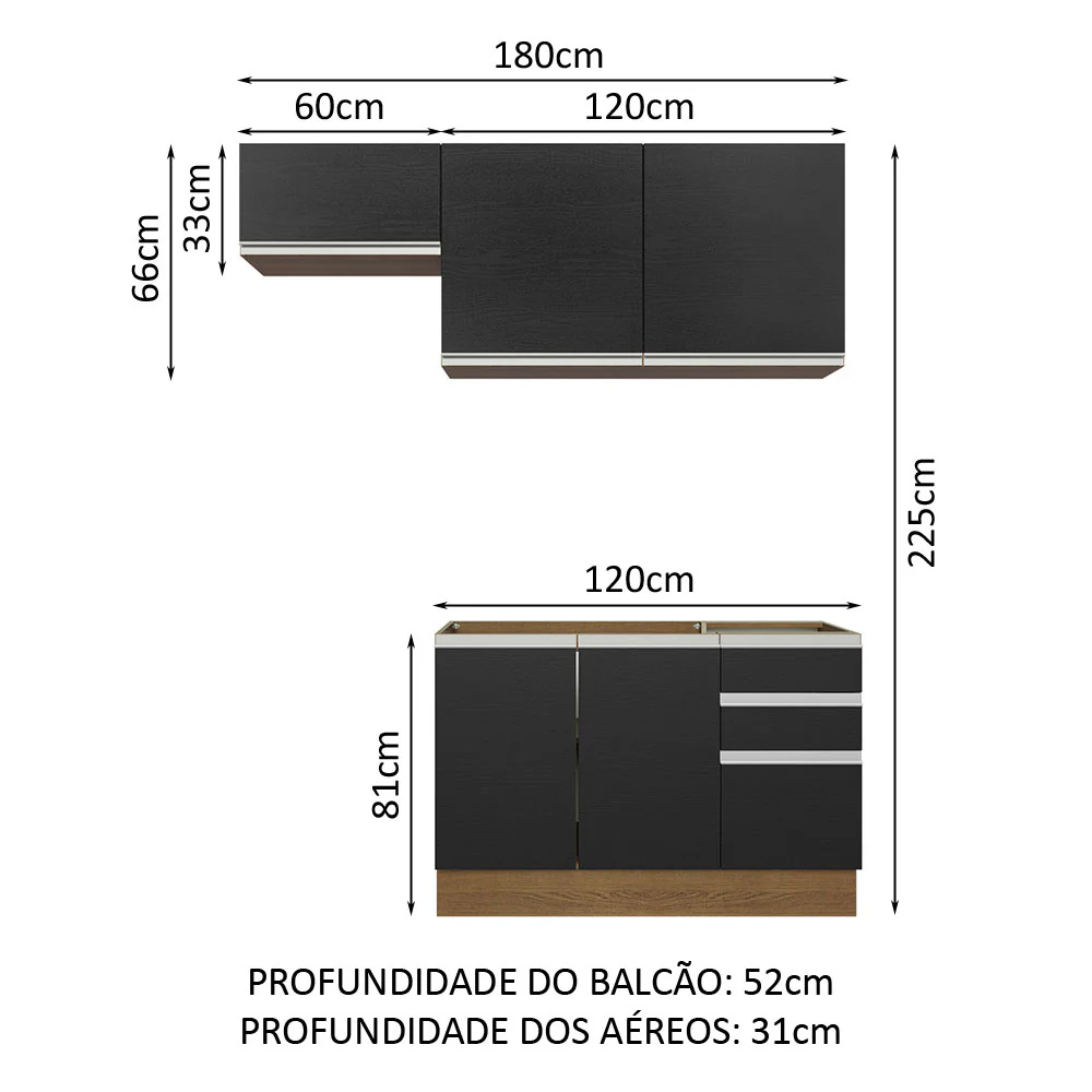 Armário de Cozinha Compacta 180cm Rustic/Preto Glamy Madesa 09 - Image 3
