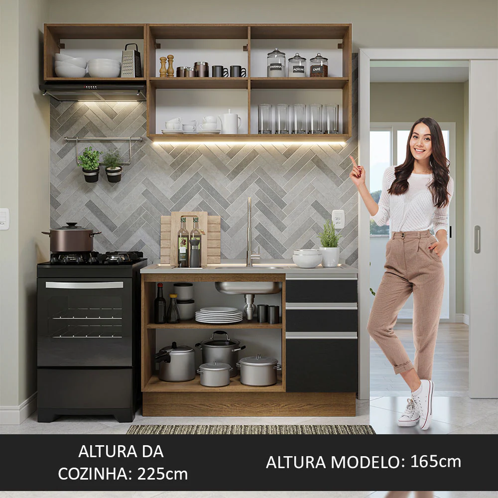 Armário de Cozinha Compacta 180cm Rustic/Preto Glamy Madesa 09 - Image 6