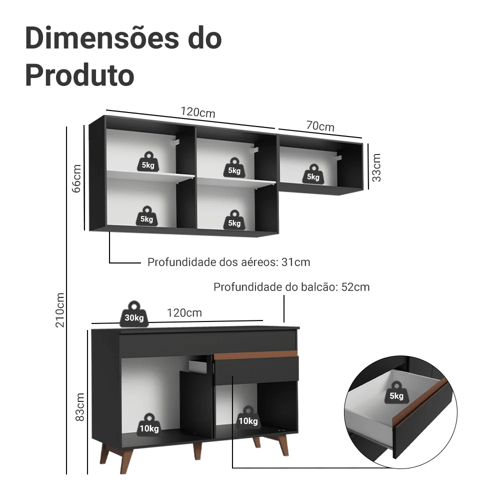 Armário de Cozinha Compacta 190cm Preto Reims Madesa 04 - Image 3