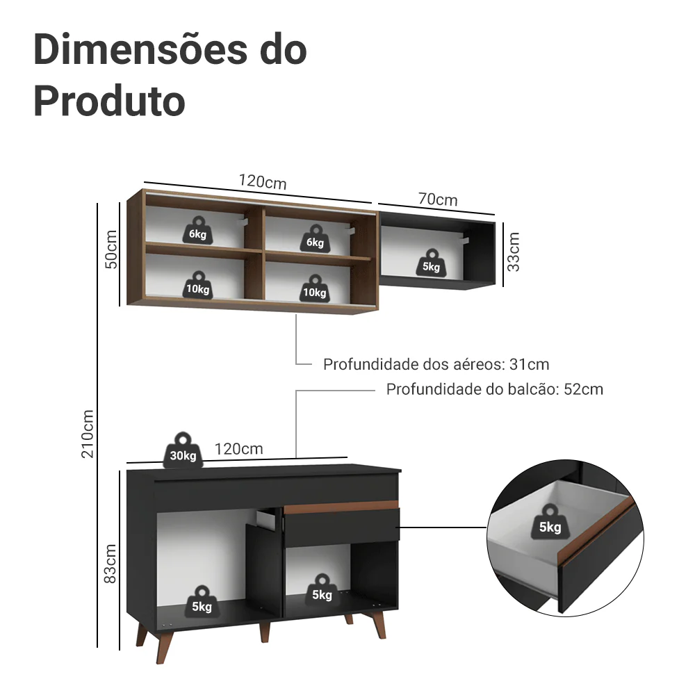 Armário de Cozinha Compacta 190cm Preto/Rustic Reims Madesa 05 - Image 3