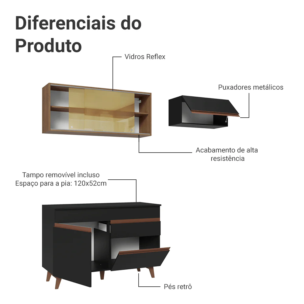 Armário de Cozinha Compacta 190cm Preto/Rustic Reims Madesa 05 - Image 4