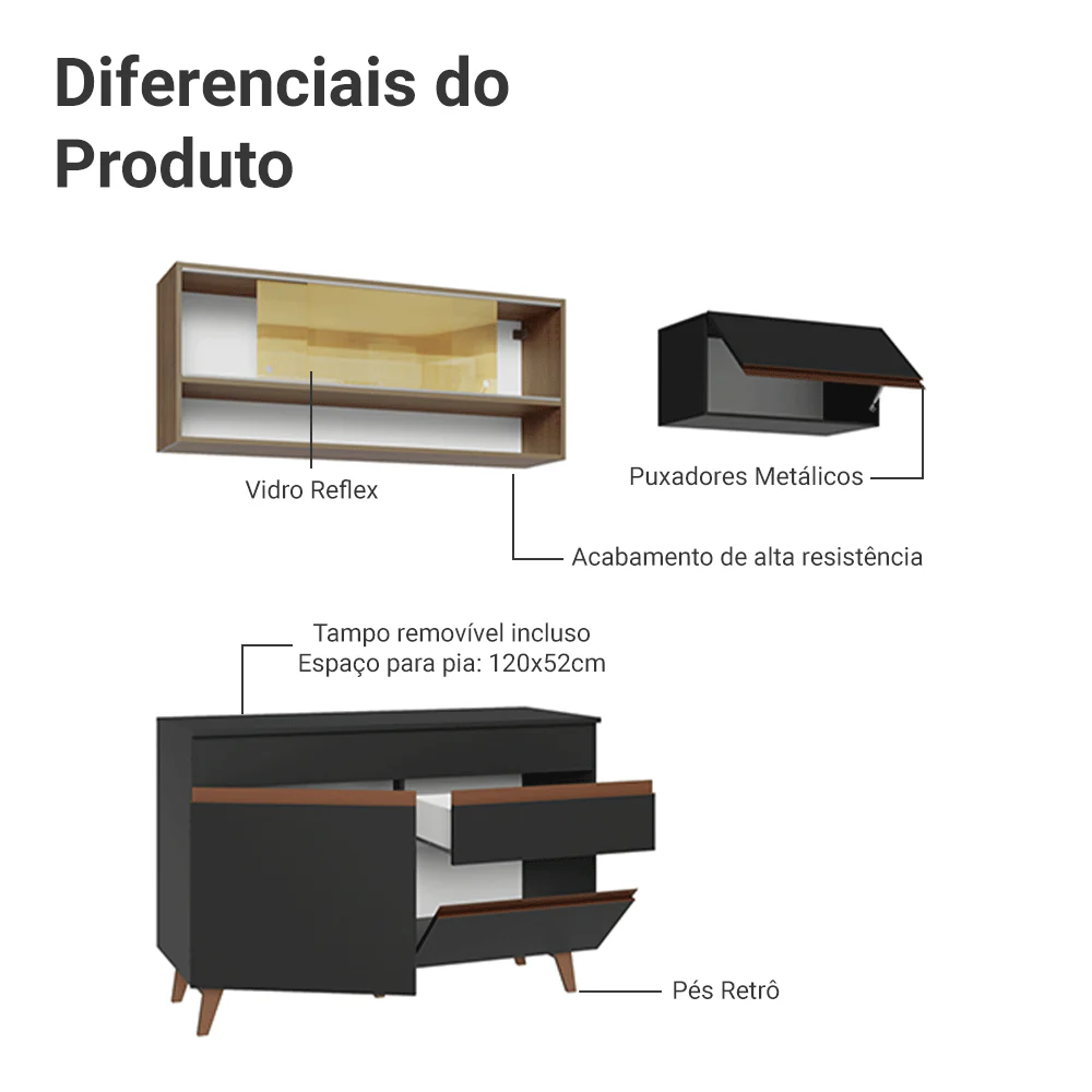 Armário de Cozinha Compacta 190cm Preto/Rustic Reims Madesa 06 - Image 3