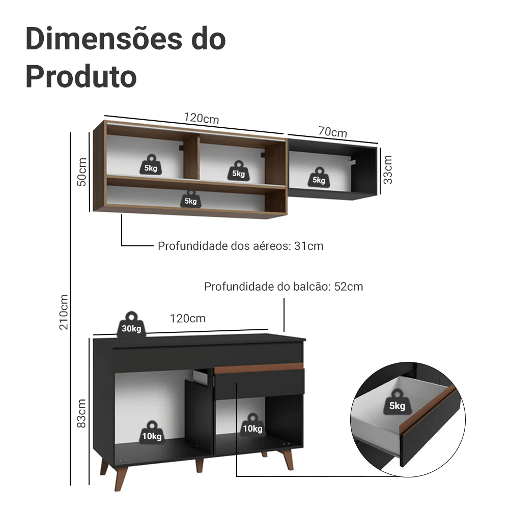 Armário de Cozinha Compacta 190cm Preto/Rustic Reims Madesa 06 - Image 4