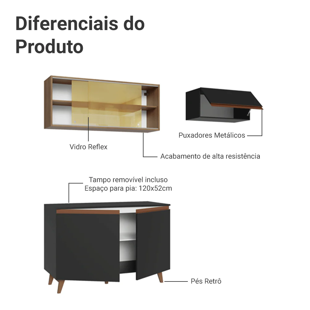 Armário de Cozinha Compacta 190cm Preto/Rustic Reims Madesa 09 - Image 4