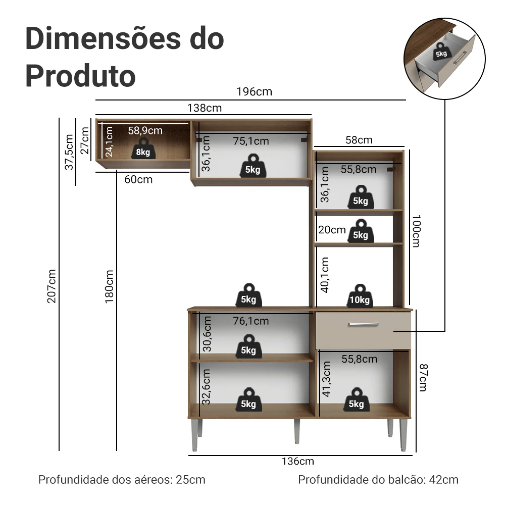 Armário de Cozinha Compacta 196cm Rustic/Crema Aura Madesa 01 - Image 3
