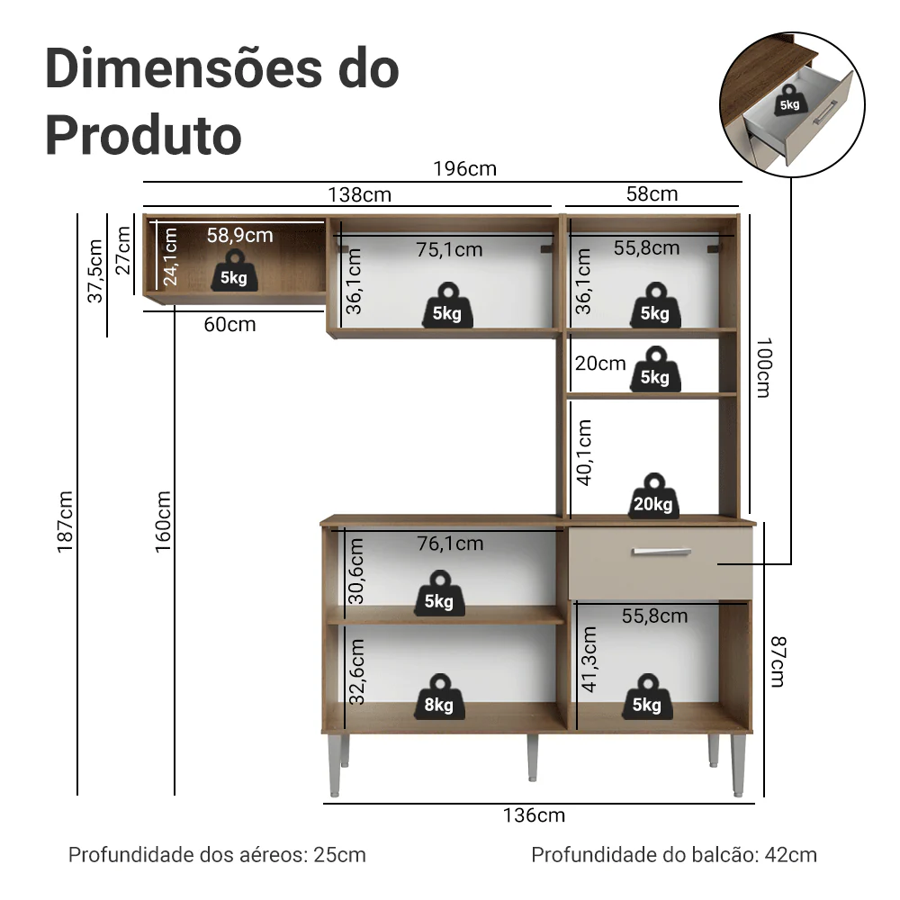 Armário de Cozinha Compacta 196cm Rustic/Crema Aura Madesa - Image 3