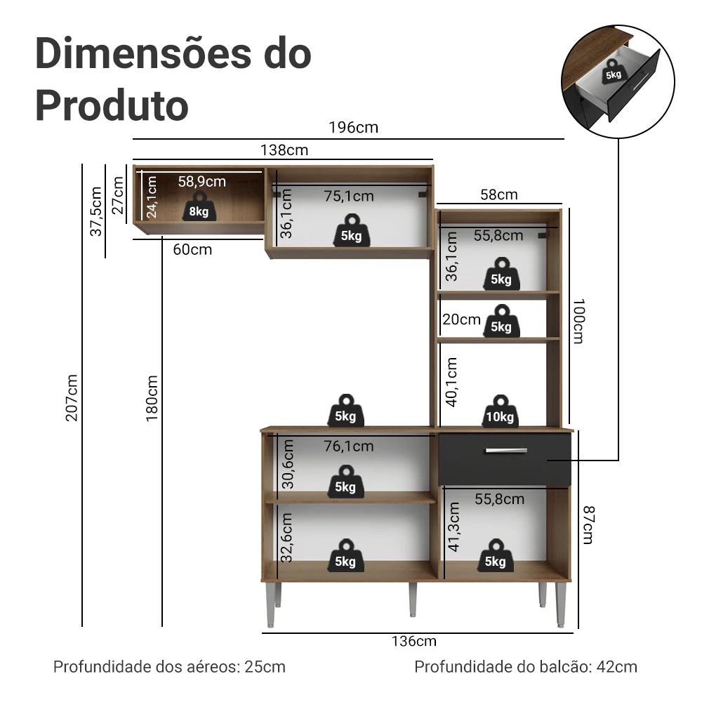 Armário de Cozinha Compacta 196cm Rustic/Preto Aura Madesa 01 - Image 3