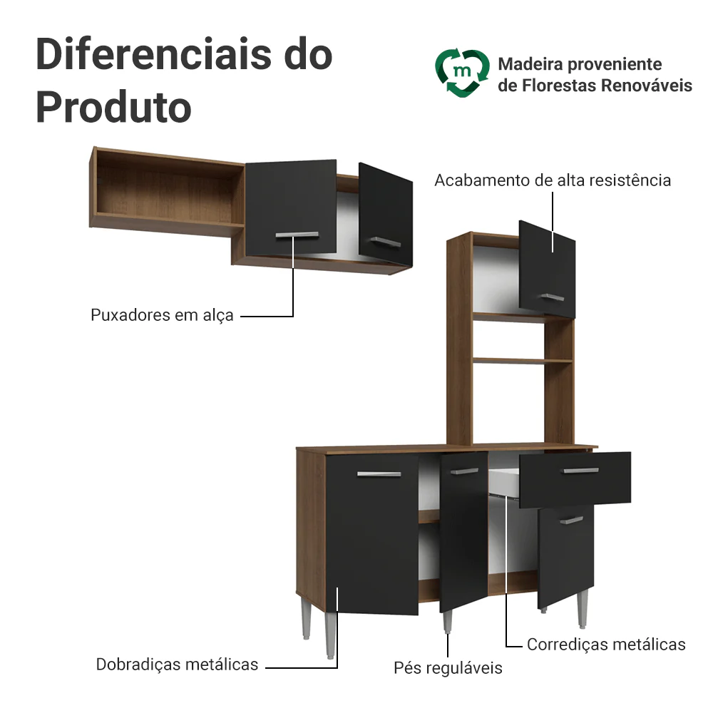 Armário de Cozinha Compacta 196cm Rustic/Preto Aura Madesa 01 - Image 4