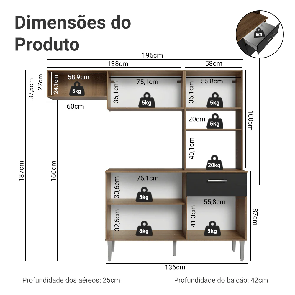 Armário de Cozinha Compacta 196cm Rustic/Preto Aura Madesa - Image 3