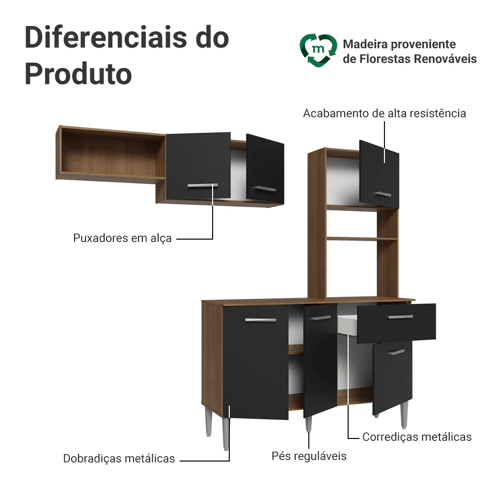Armário de Cozinha Compacta 196cm Rustic/Preto Aura Madesa - Image 4